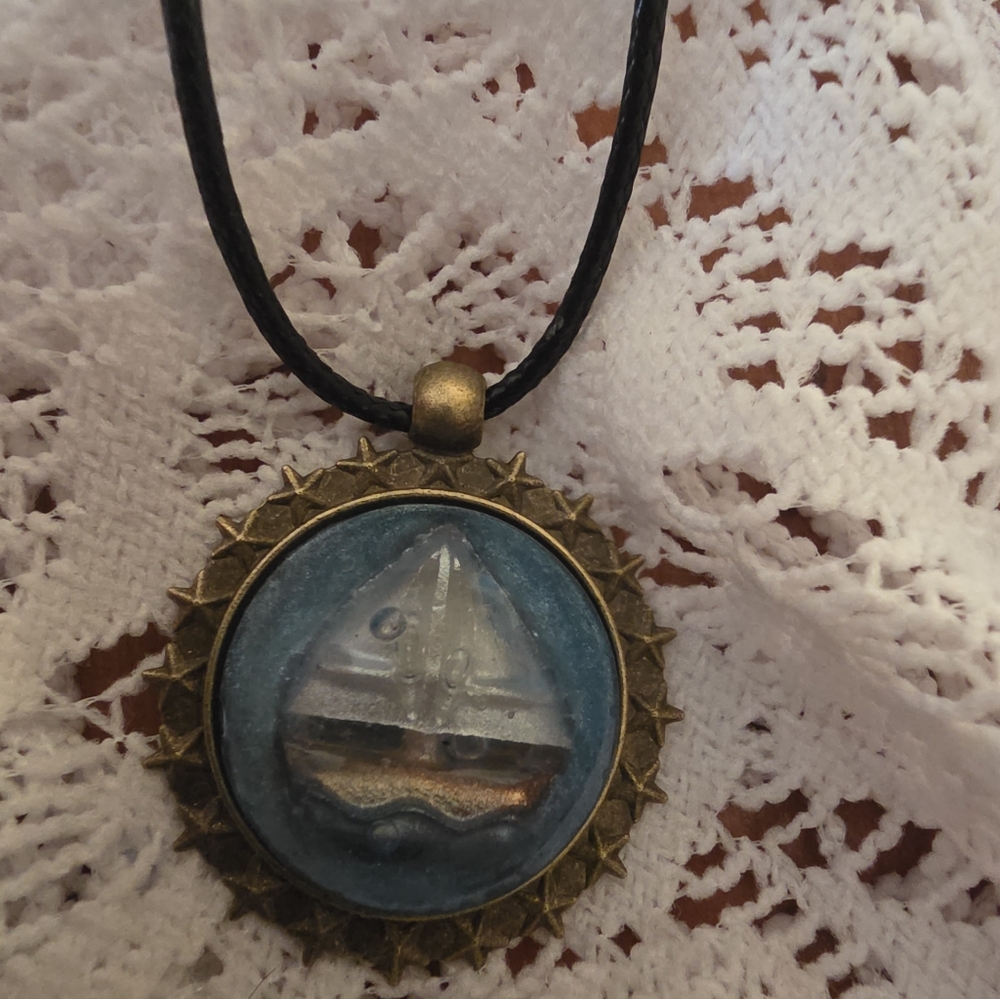 Nautical Boat In The Ocean Pendant In Bronze Bezel On 18" Black Cord Necklace